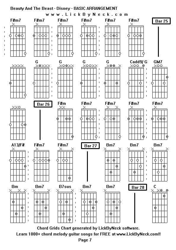 Chord Grids Chart of chord melody fingerstyle guitar song-Beauty And The Beast - Disney - BASIC ARRANGEMENT,generated by LickByNeck software.